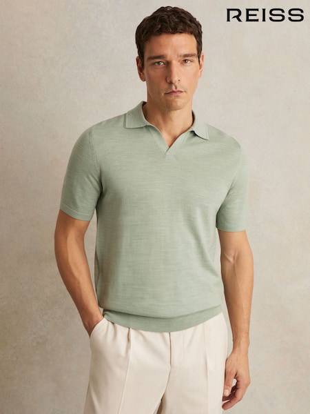 Reiss Sage Green Melange Duchie Merino Wool Open-Collar Polo Shirt (F74184) | €128