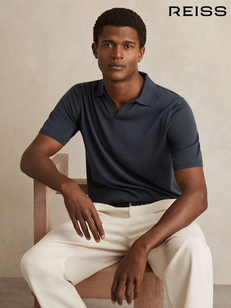 Reiss Midnight Navy Duchie Merino Wool Open-Collar Polo Shirt (F74187) | 647 QAR