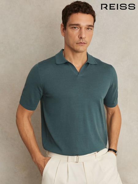 Reiss Orion Blue Duchie Merino Wool Open-Collar Polo Shirt (F74192) | 647 QAR