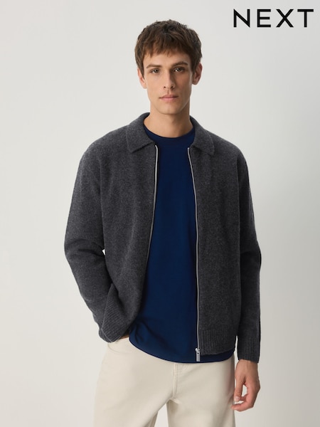 Cinza carvão - Zip Through - Regular Fit Cosy Knit Polo Shirt with Wool (F74200) | R$ 345