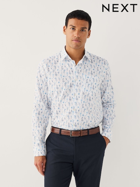 White Blue Floral Print Regular Fit Long Sleeve Shirt (F74214) | AED166