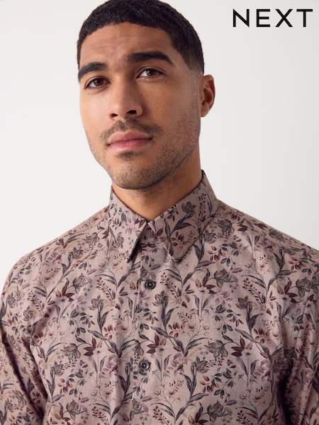 Neutral Brown Floral Regular Fit Long Sleeve Shirt (F74216) | €50