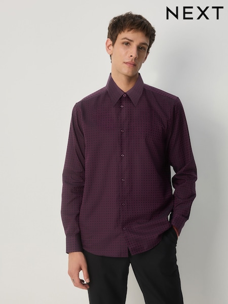Burgundy Red Regular Fit Geometric Print Long Sleeve Smart Shirt (F74224) | €50