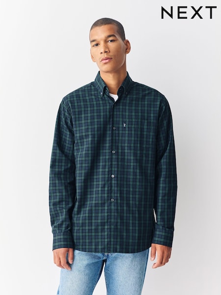 Green Micro Blackwatch Regular Fit Easy Iron Button Down Oxford Shirt (F74230) | AED114