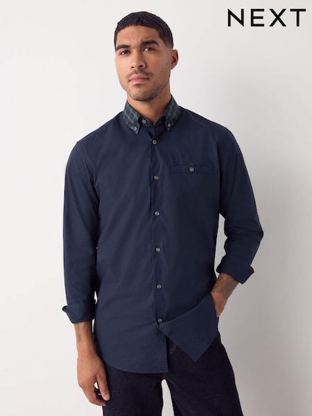 Navy/Green Oxford Long Sleeve Check Collar Shirt (F74232) | €42