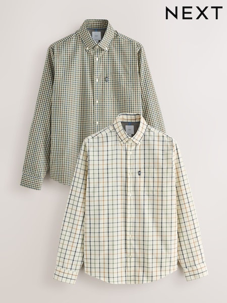 Ecru Tattersall/Neutral Green Gingham Regular Fit Easy Iron Oxford Shirts 2 Packs (F74237) | €66
