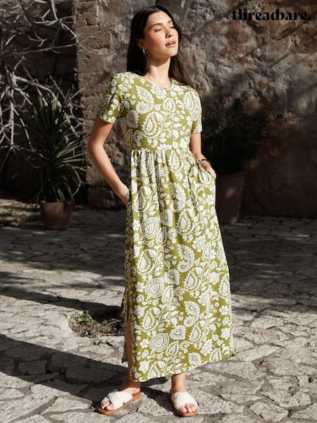Хаки с узором пейсли - Threadbare 100% Cotton Jersey Maxi Dress with Pockets (F74274) | €37
