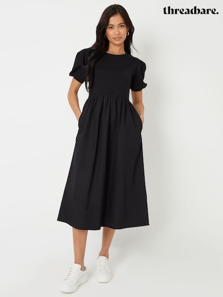 Threadbare Black 100% Cotton Puff Sleeve Jersey Poplin Mix Maxi Dress (F74276) | €43