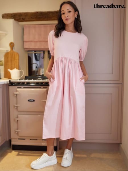 Threadbare Pink 100% Cotton Puff Sleeve Jersey Poplin Mix Maxi Dress (F74289) | €43