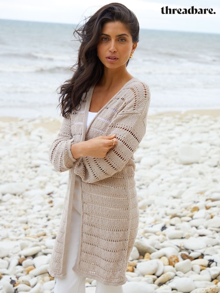 Φυσικό - Threadbare White Longline Crochet Pointelle Knit Cardigan (F74290) | 47 €