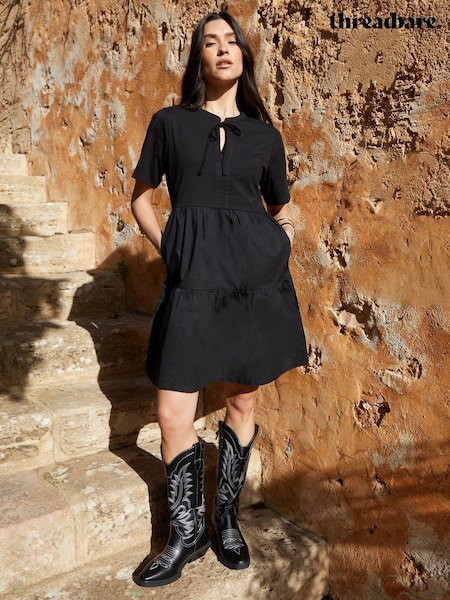 Threadbare Black 100% Cotton Tiered Jersey Poplin Mix Mini Dress (F74301) | €45