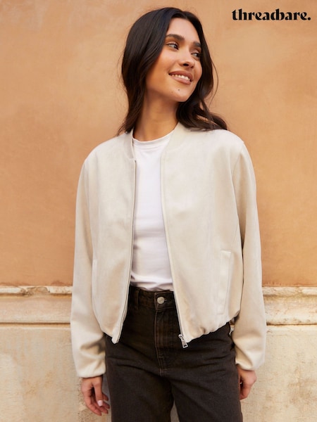 Threadbare Cream Bubble Hem Suedette Bomber Jacket (F74304) | €64