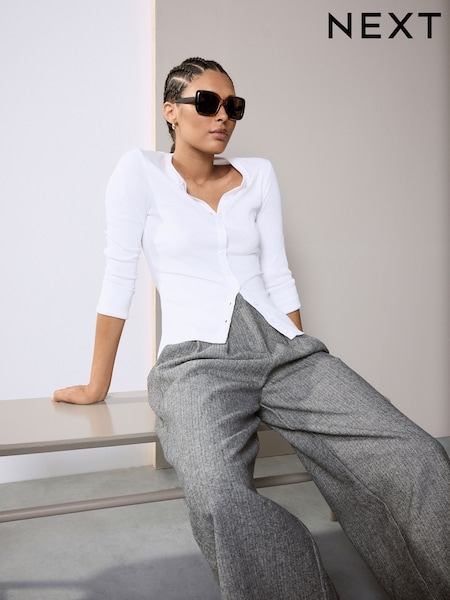 White Henley Button Through Long Sleeve Ribbed T-Shirt (F74355) | R$ 175