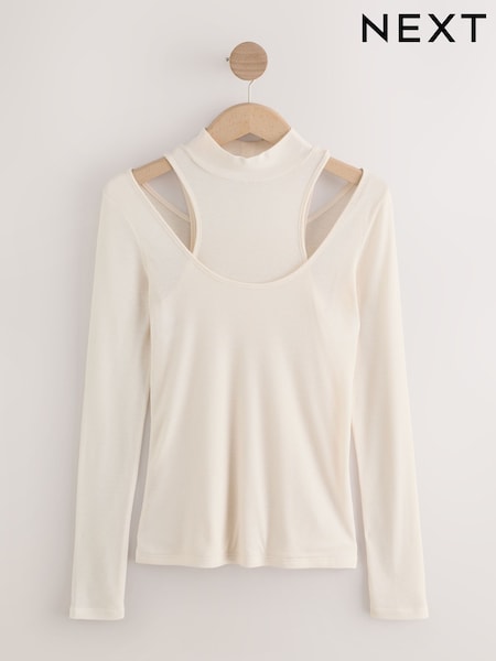 Ecru White Layered Semi Sheer High Neck Ribbed Long Sleeve Top (F74356) | 81 QAR