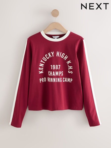 Vermelho/Branco - Long Sleeve Crew Neck Graphic Slogan T-Shirt (F74360) | R$ 155