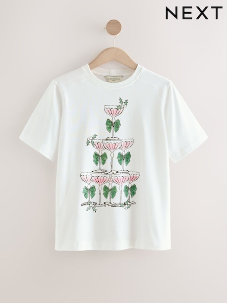 Ecru Festive Champagne Tower Illustrated Heavyweight T-Shirt (F74363) | 81 QAR