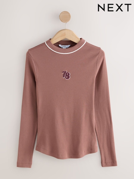 Mocha Brown - Crew Neck Embroidered Long Sleeve Top (F74364) | R$ 155