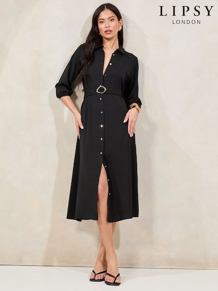 Черный - Lipsy 3/4 Sleeve Button Through Midi Shirt Dress (F74399) | €64