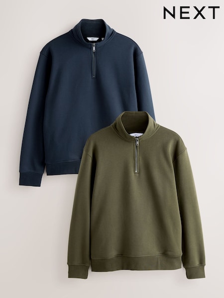 Navy Blue/Khaki Green Cotton Rich Heavyweight Jersey Quarter Zip Neck Sweatshirt (F74451) | 307 QAR
