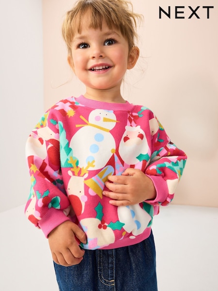 Bright Pink Christmas Print Crew Neck Sweatshirt (3mths-7yrs) (F74460) | AED51 - AED61