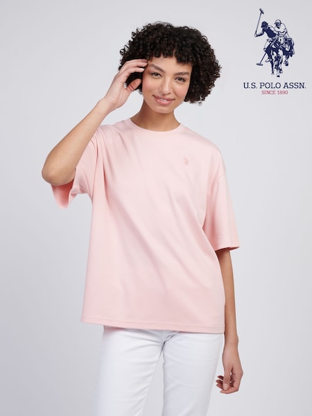 U.S. Polo Assn. Pink Womens 100% Cotton Tonal Double Horsemen Loose Crew Neck T-Shirt (F74537) | $49