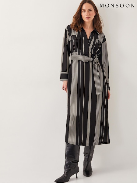 Monsoon Black Andi Stripe Midi Shirt Dress (F74613) | €53