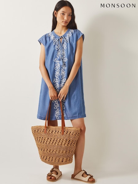 Monsoon Blue Isolde Embroidered Chambray Mini Dress (F74616) | €91