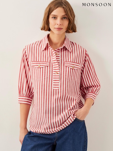 Monsoon Red Liv 3/4 Sleeve 100% Cotton Stripe Shirt (F74630) | €62