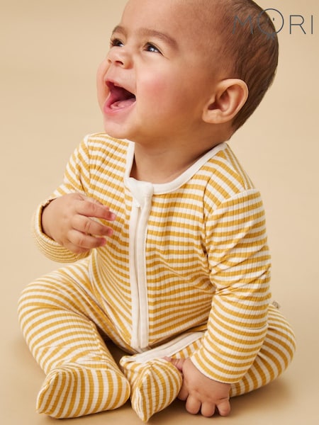 Keltainen Raita - MORI Ribbed Stretch Organic Cotton & Bamboo 2 Way Zip Sleepsuit (F74657) | €53