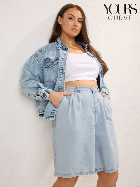 Yours Curve Blue 100% Cotton Bermuda Denim Shorts (F74701) | $51