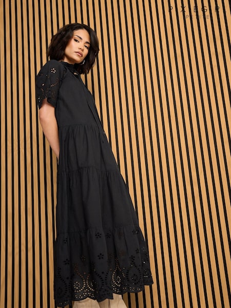 PixieGirl Petite Black Short Sleeve Broderie 100% Cotton Dress (F74702) | ₪226