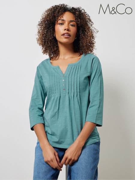 M&Co Blue 100% Cotton 3/4 Sleeve Henley Top (F74735) | ₪121