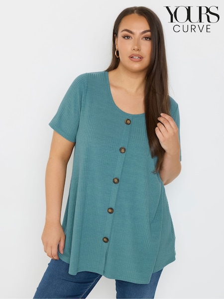Yours Curve Blue Button Front Ribbed Blouses (F74747) | €34