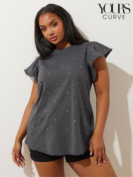 Yours Curve 100% Cotton Frilled Sleeve Studded T-Shirt (F74774) | €35