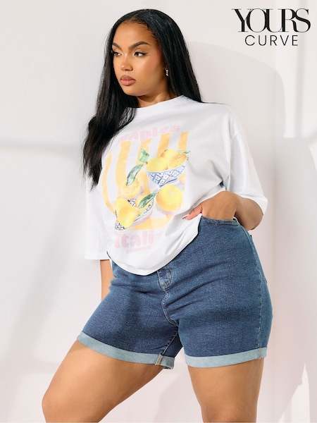 Yours Curve Mid-Blue Elastic Waist Denim Shorts (F74793) | ₪136