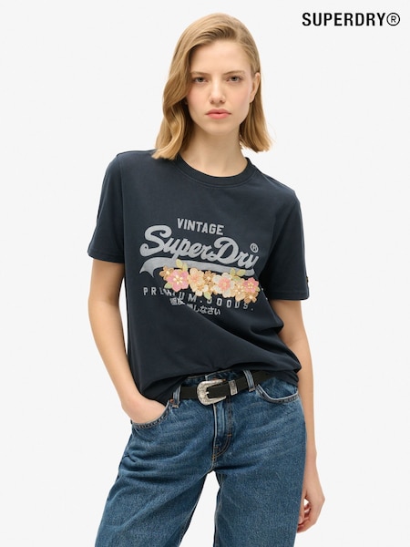 Superdry Blue Vintage Logo Premium Goods Floral 100% Cotton T-Shirt (F74835) | R$ 265