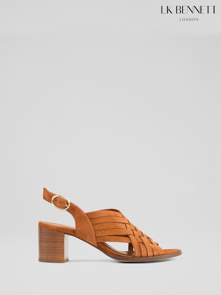 LK Bennett Brown Kacey Tan Suede Multi Strap Woven Sandals (F74879) | $348