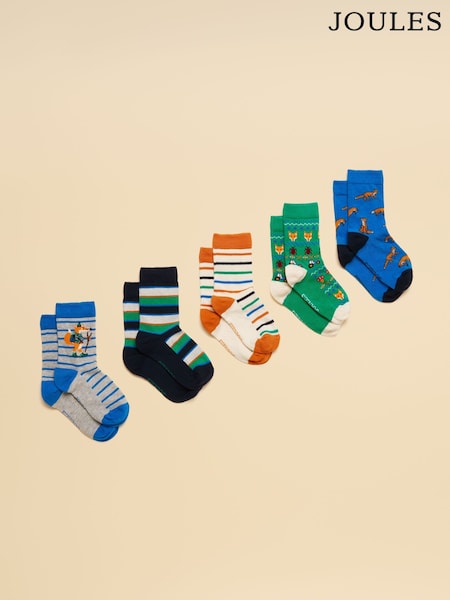 Joules Eat Feet Orange Fox 5 Pack Socks (F74927) | €20.95