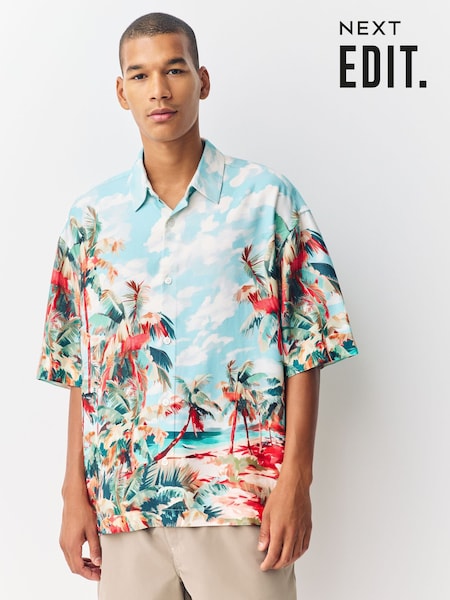 Azul/Verde - EDIT Tropical Scenic Print Short Sleeve Shirt (F74996) | R$ 385
