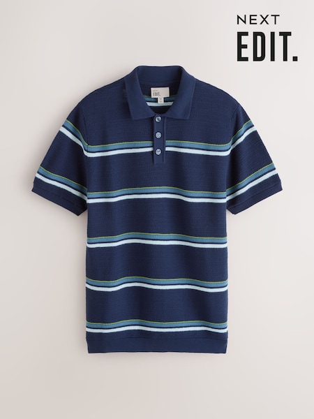 Blue EDIT Regular Fit Short Sleeve Stripe Crochet Polo Shirt (F75012) | AED149