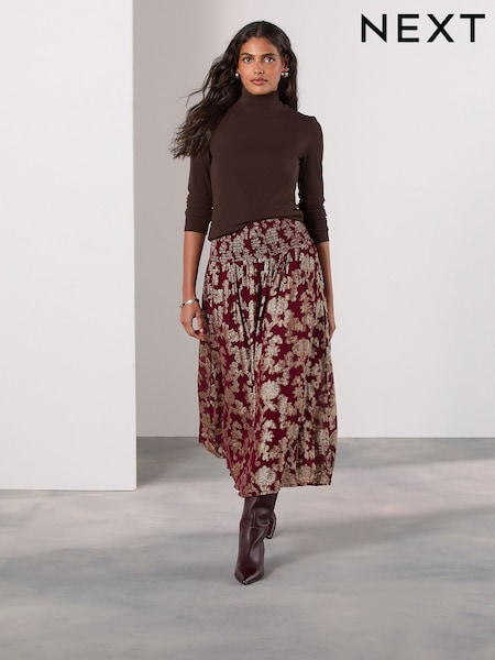 Burgundy Metallic Floral Midi Skirt (F75035) | AED252