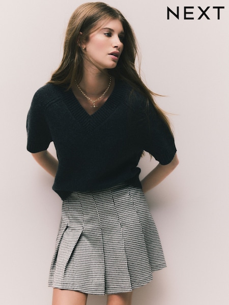 Monochrome Check Mini Jersey Pleated Skirt (F75039) | €30
