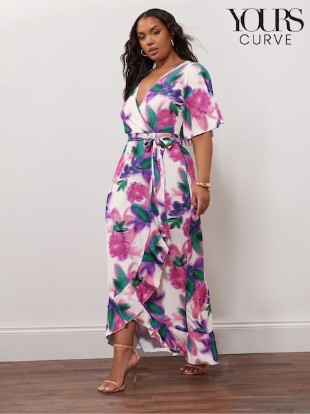 Yours Curve Pink London Ruffle Wrap Dress (F75095) | $93