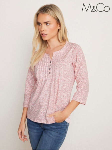 M&Co Pink 100% Cotton Petite 3/4 Sleeve Henley Blouses (F75106) | ₪121