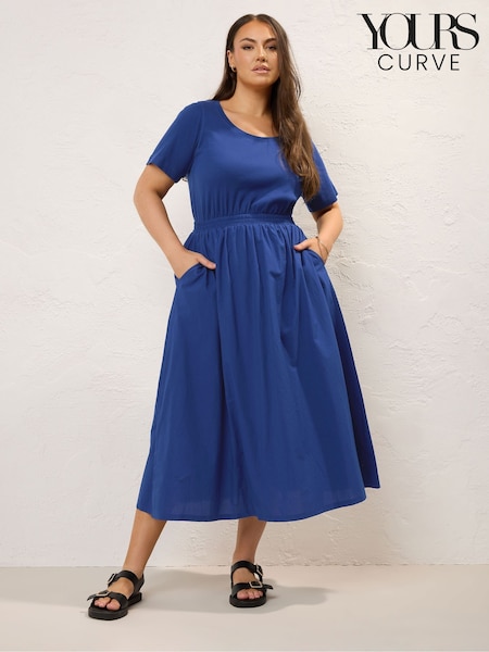 Yours Curve Blue 100% Cotton Mixed Fabric Skater Midaxi Dress (F75140) | €39