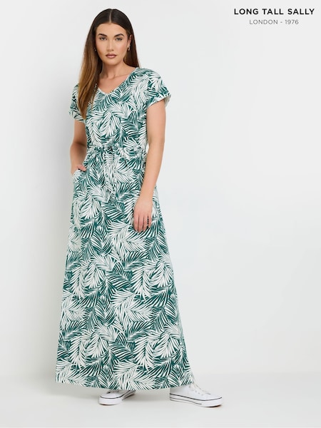 Long Tall Sally Green 100% Cotton Palm Tie Waist Dress (F75160) | ₪196