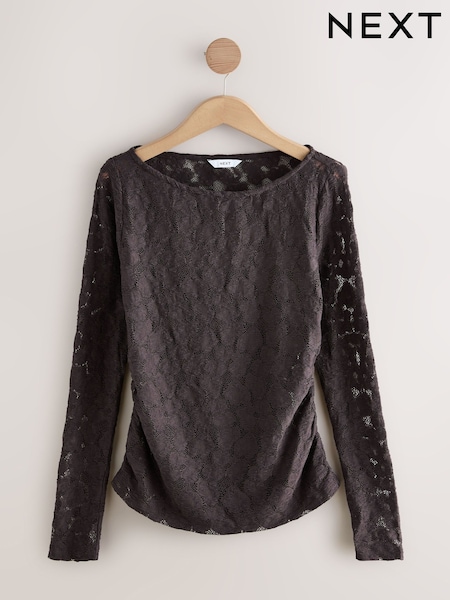 Chocolate marrom - Long Sleeve Slash Neck Lace Top (F75207) | R$ 250