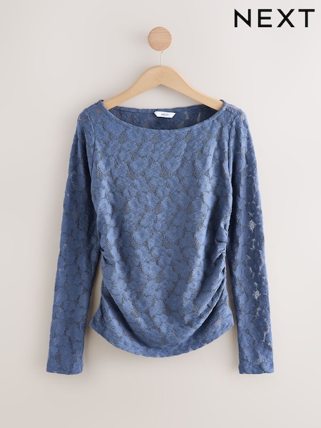 Blue Long Sleeve Slash Neck Lace Top (F75209) | OMR15