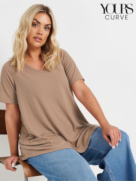 טבעי - Yours Curve V-Neck Ribbed Swing T-Shirt (F75258) | ‏101‏₪