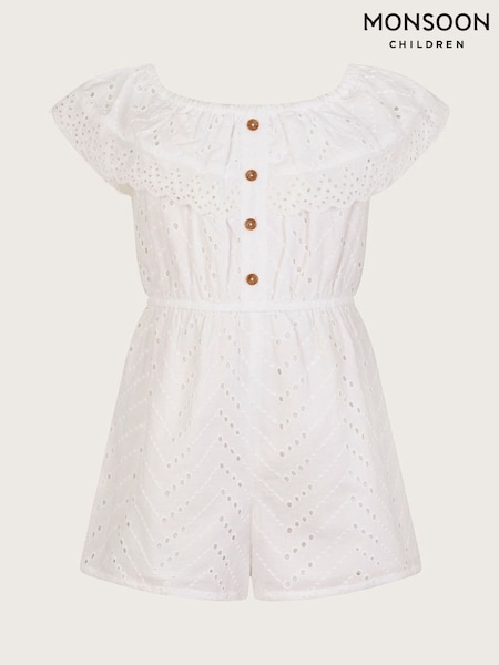 Monsoon White Broderie Ruffle 100% Cotton Playsuit (F75293) | kr400 - kr457